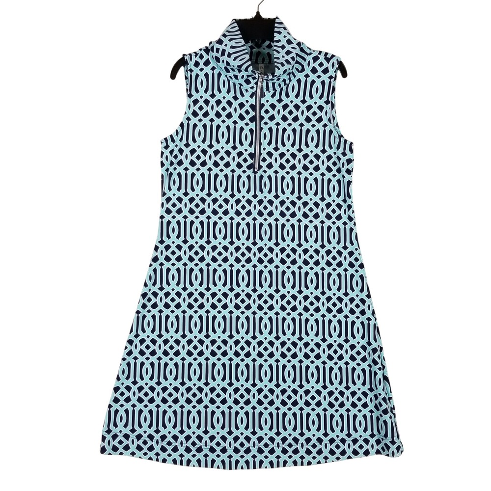 Lulu-B Sleeveless Dress Womens Small Turquoise Navy Geometric Quarter Zip Golf